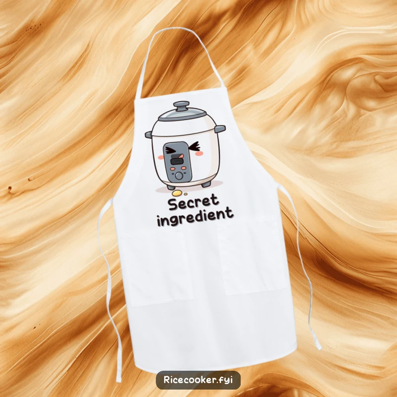Funny apron featuring a mischievous rice cooker giving a sly wink, a grain spilled. A humorous and practical kitchen funny gift.