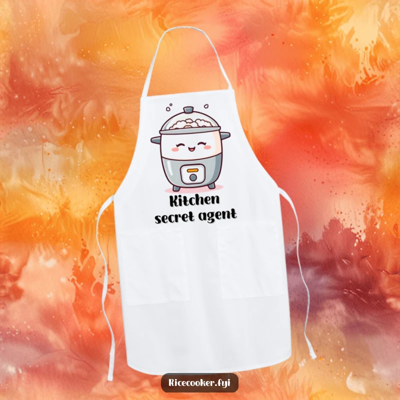 Funny apron with a rice cooker playfully winking and puffing steam, a humorous and practical kitchen accessory for playful cooks.