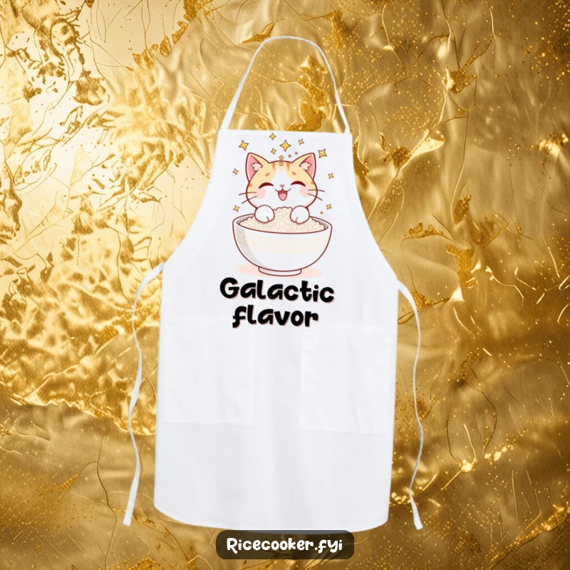 Funny apron showing a delighted cat sprinkling glowing stars onto a bowl of freshly cooked rice, a magical culinary creation.