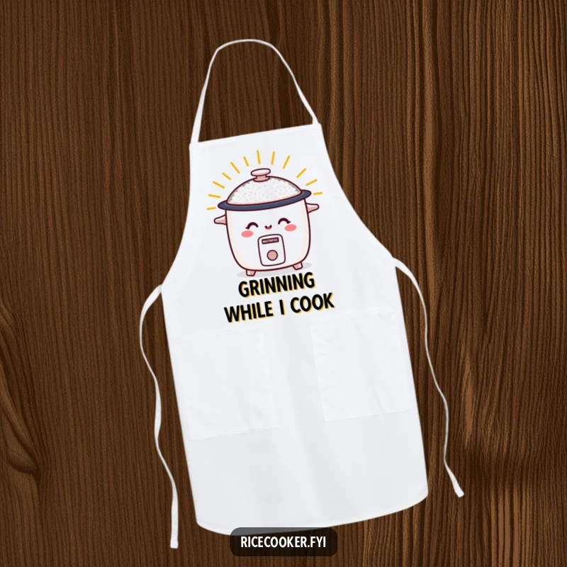 Funny apron with a smiling rice cooker radiating warm energy, a humorous and practical kitchen accessory for happy cooks.