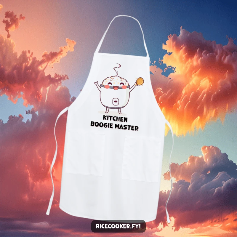 Funny apron with a dancing rice cooker and its ladle twirling enthusiastically, a humorous and practical kitchen accessory for food dancers.