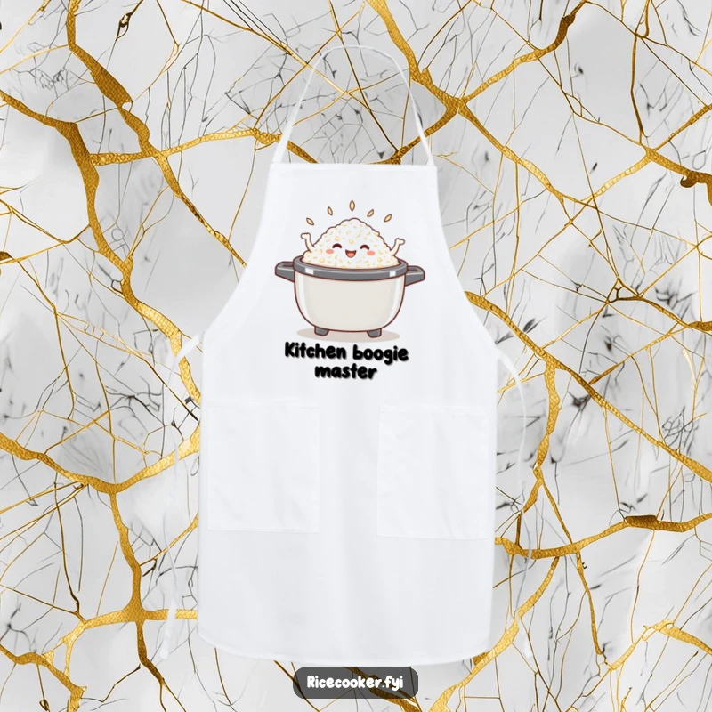 Funny dancing rice apron featuring a happy pile of cooked rice energetically dancing inside an open rice cooker, ideal for fun cooking.