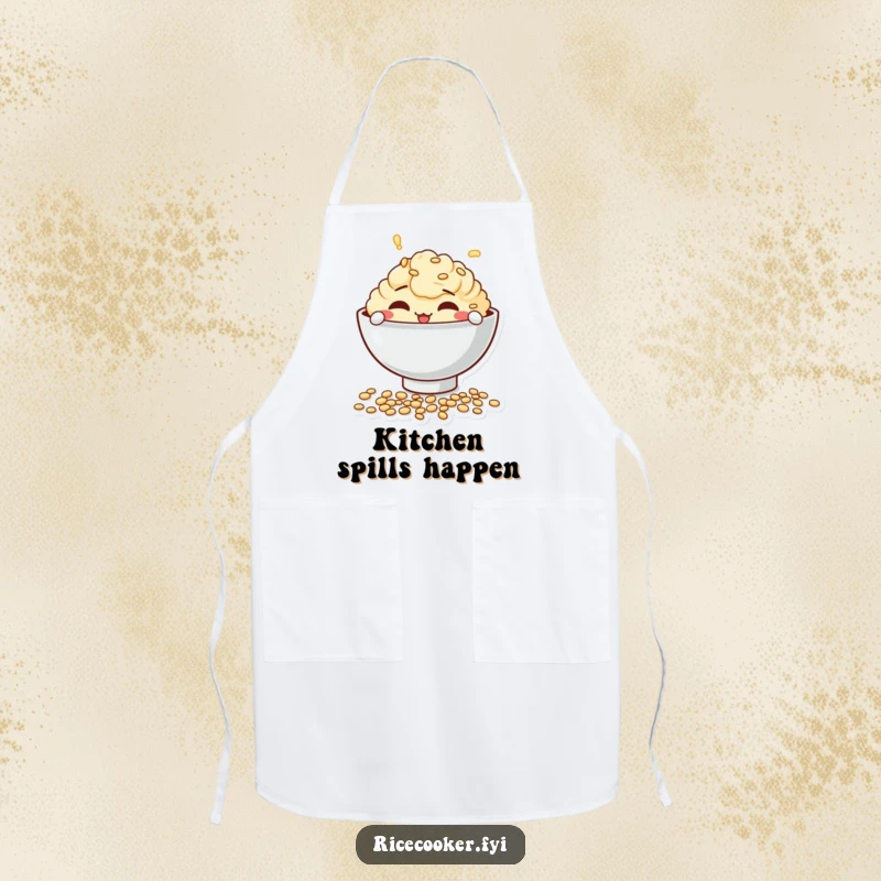 Funny apron featuring a mischievous bowl character playfully spilling uncooked grains, perfect for keeping clean during cooking.