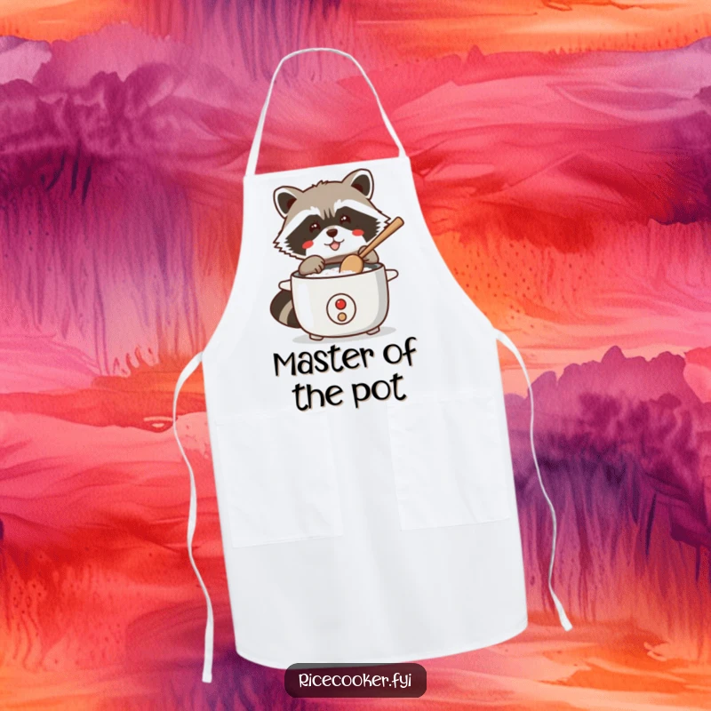 Funny apron showing a mischievous raccoon tapping a rice cooker with a wooden spoon, ready to prepare a delicious meal.