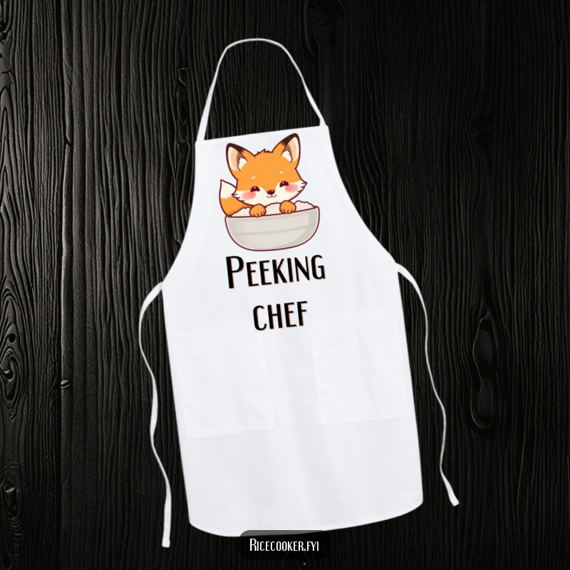 Funny fox apron showing a curious fox peeking from behind a steaming rice lid, ideal for cooks with a sense of humor.