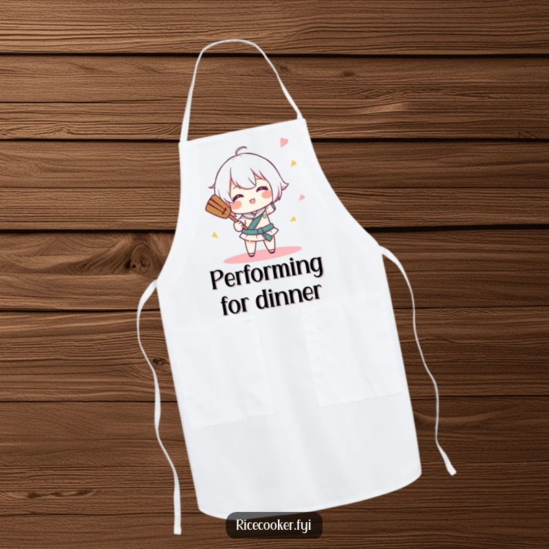 Funny apron with a character comically spinning a rice paddle like a tiny baton, perfect for a humorous and entertaining cooking experience.