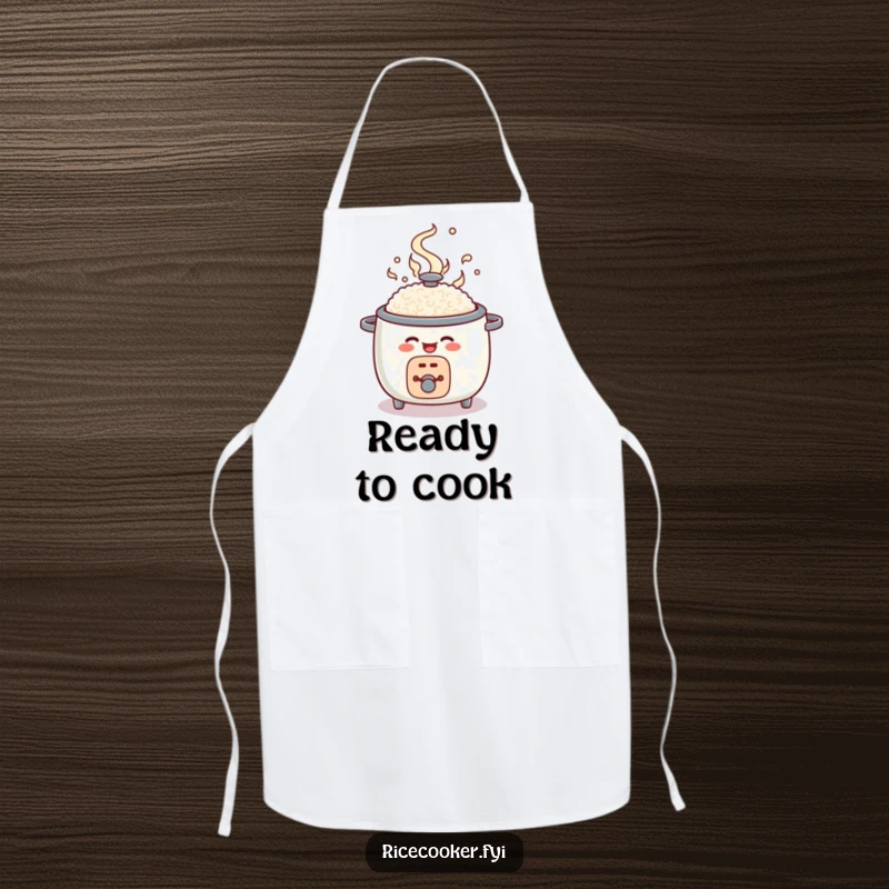 Funny rice cooker apron, round character popping open with steam, celebratory kitchen wear gift.