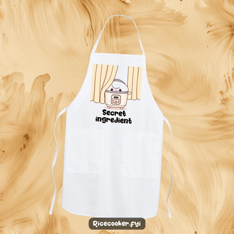 Funny rice cooker apron, appliance peeking with a mischievous look from behind a curtain.