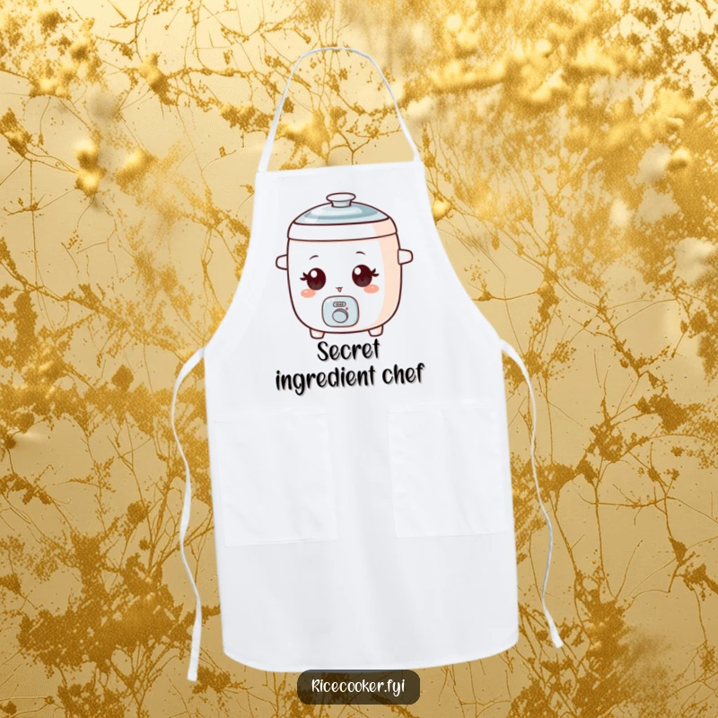 Funny apron featuring a small rice cooker with wide eyes, playfully winking while cooking.