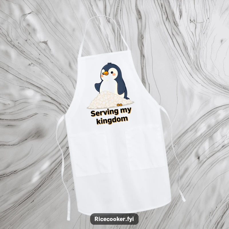 Funny apron with a proud penguin surveying a mountain of fluffy rice, a humorous kitchen accessory for food enthusiasts.