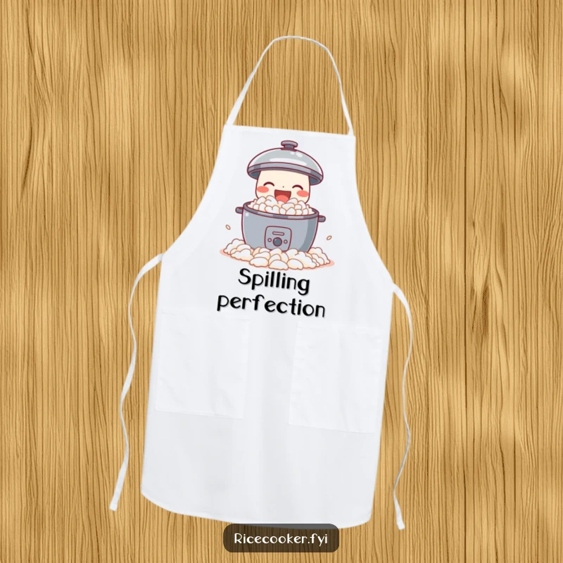 Funny apron with a delighted rice cooker joyfully spilling perfect fluffy rice, a humorous and practical kitchen accessory for happy cooks.