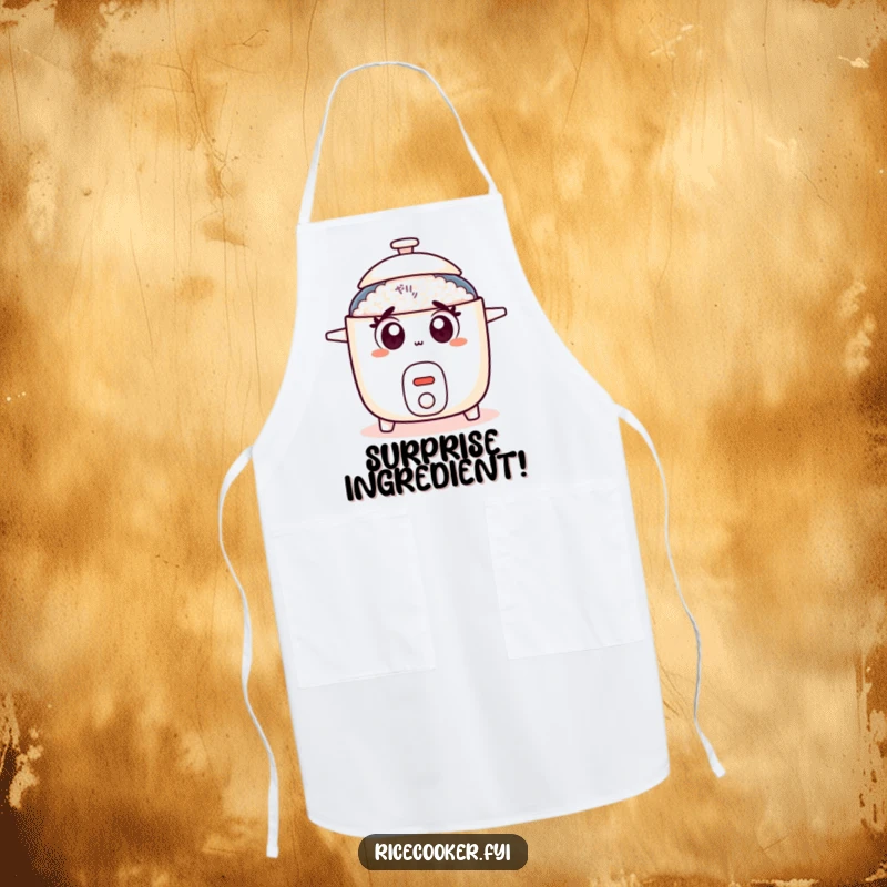 Funny rice cooker apron featuring a shocked appliance with wide eyes and a pop-open lid, perfect for kitchen fun.