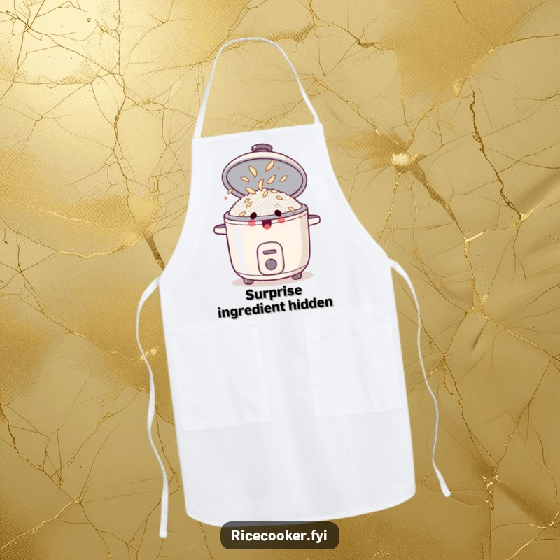 Funny apron showing a surprised rice cooker with its lid open, revealing dancing rice grains, perfect for humorous cooking.