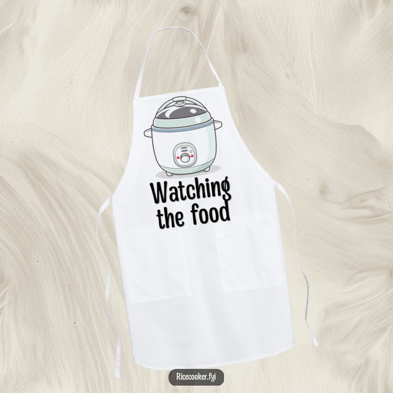 Funny apron featuring a bouncy rice cooker with its button blinking like an eye. A humorous and practical kitchen funny gift.