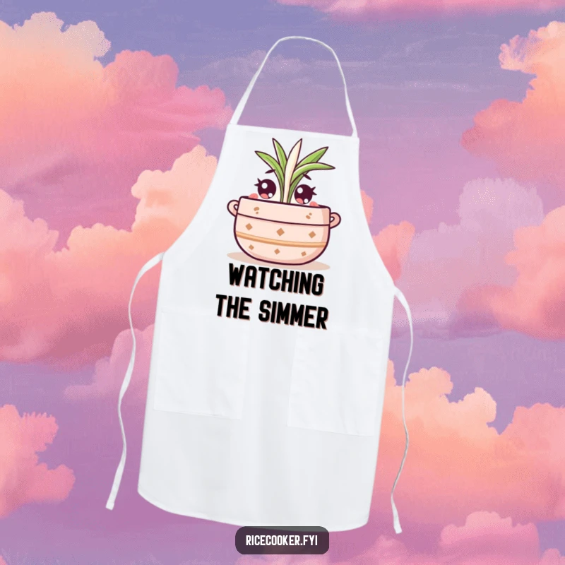 Funny apron with a cute pot character wide-eyed, watching a rice sprout, ideal for gardening with a humorous touch.