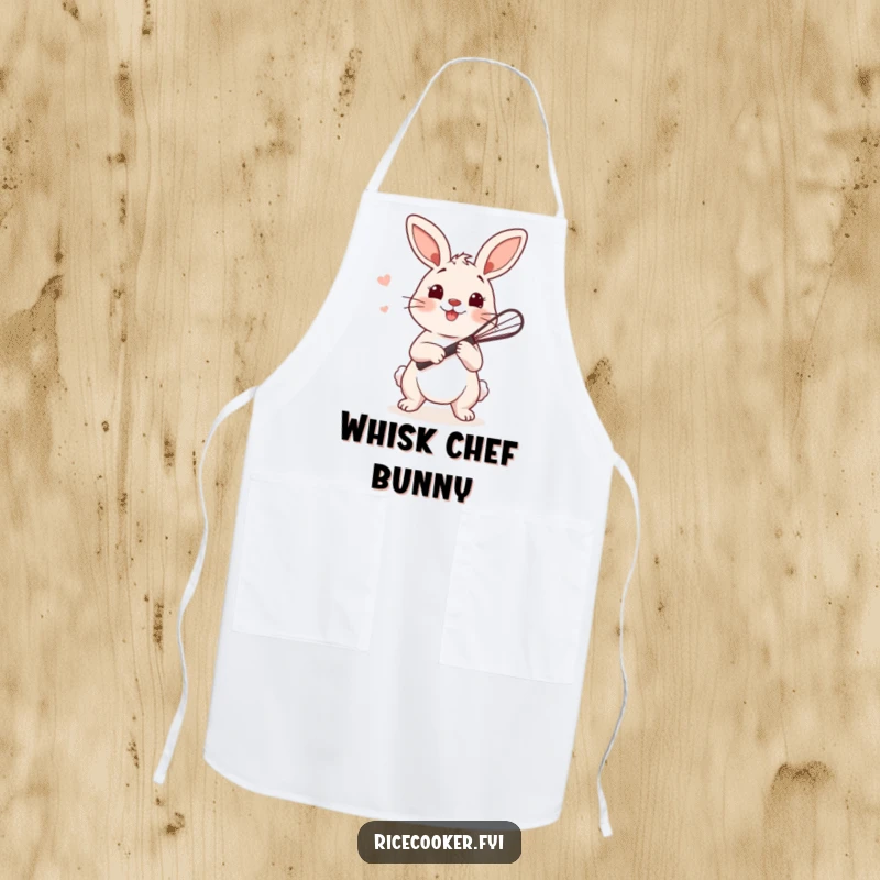 Funny bunny apron showing a playful bunny holding a tiny whisk, ready to stir rice, ideal for bakers.