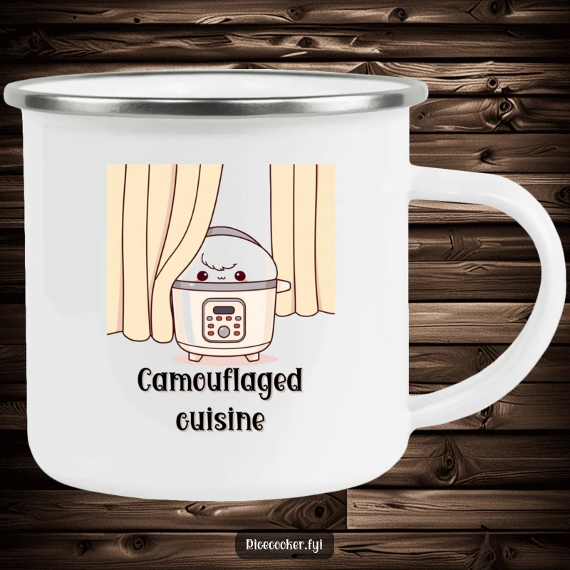 Funny rice cooker camping mug, appliance peeking with a mischievous look, outdoor prank gear.