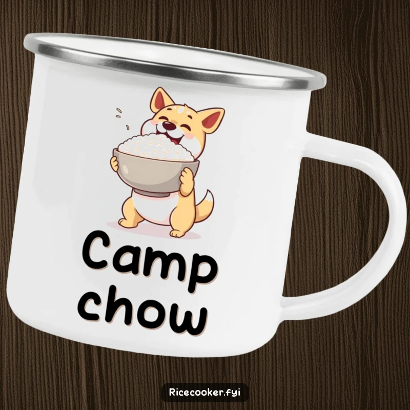 Funny dog camping mug. A happy dog excitedly presents a giant bowl of steaming rice, ready for the outdoors.