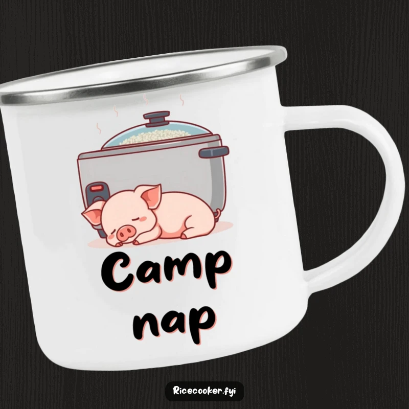 Funny piglet camping mug. A content piglet naps peacefully next to a gently humming rice cooker, ready for the outdoors.