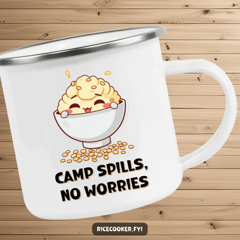 Funny camping mug showing a mischievous bowl character playfully spilling uncooked grains, perfect for outdoor kitchen antics.