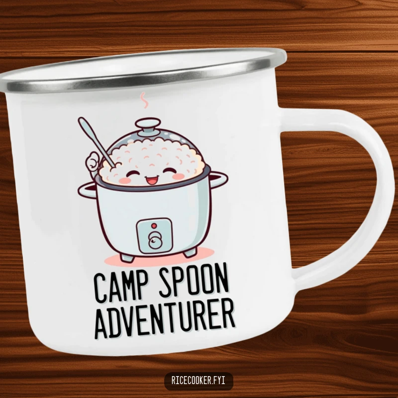 Funny camping mug of a rice cooker enthusiastically waving a tiny spoon in an outdoor setting.