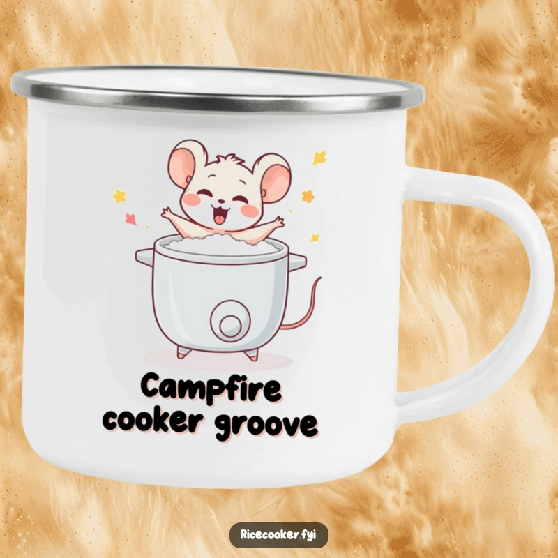 Funny mouse camping mug, dancing around a rice cooker, durable and portable, ideal for campers who appreciate cooking and fun.