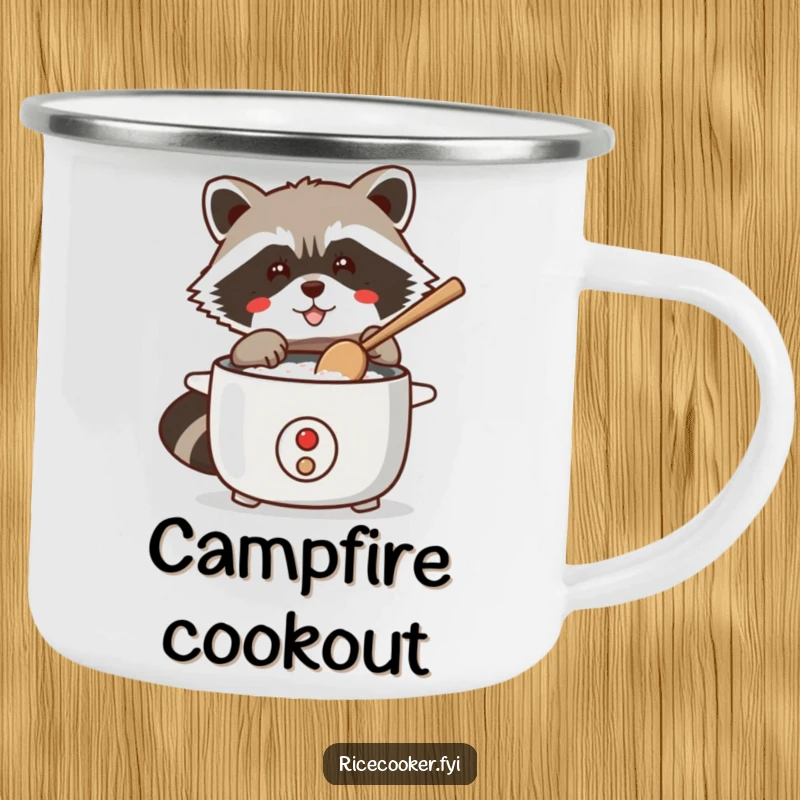 Funny camping mug featuring a mischievous raccoon tapping a rice cooker with a wooden spoon, preparing for an outdoor feast.