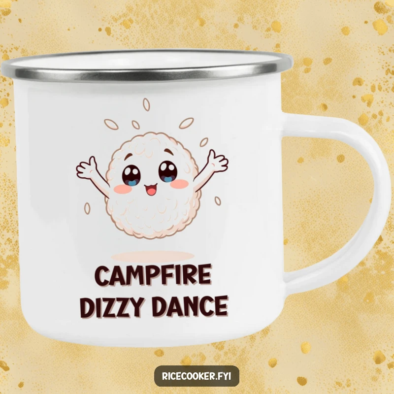 Funny enamel camping mug with a spirited rice grain spinning joyfully, arms up, ready for any outdoor escapade with anime flair.