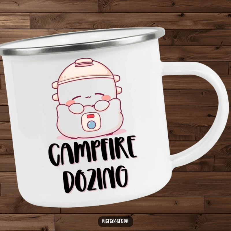 Funny rice cooker camping mug featuring a sleepy appliance on a pillow, ideal for outdoor relaxation.