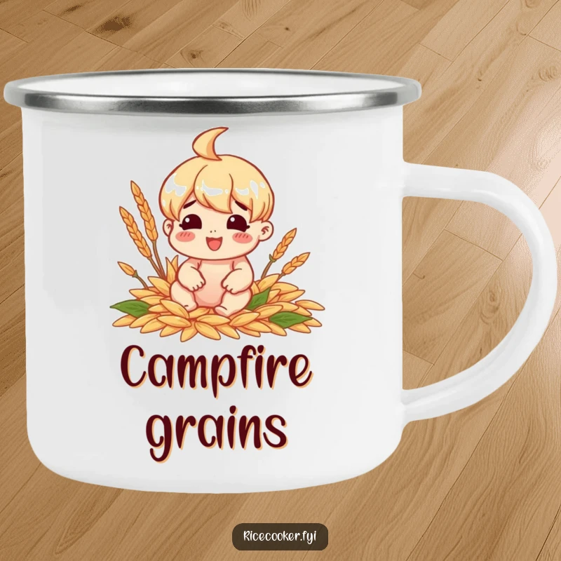 Funny camping mug with a cheerful character sitting happily surrounded by perfectly cooked grains, symbolizing happy meals.