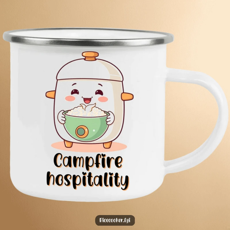 Funny camping mug depicts a happy rice cooker offering a steaming bowl with a welcoming gesture, ready for outdoor hospitality.