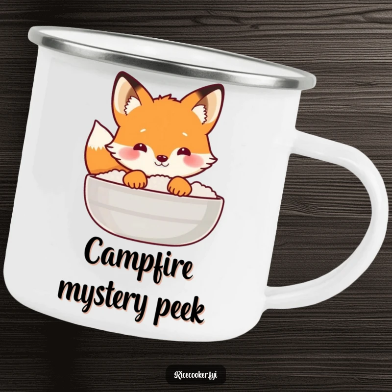 Funny fox camping mug featuring a curious fox peeking from behind a steaming rice lid, perfect for outdoor drinks.