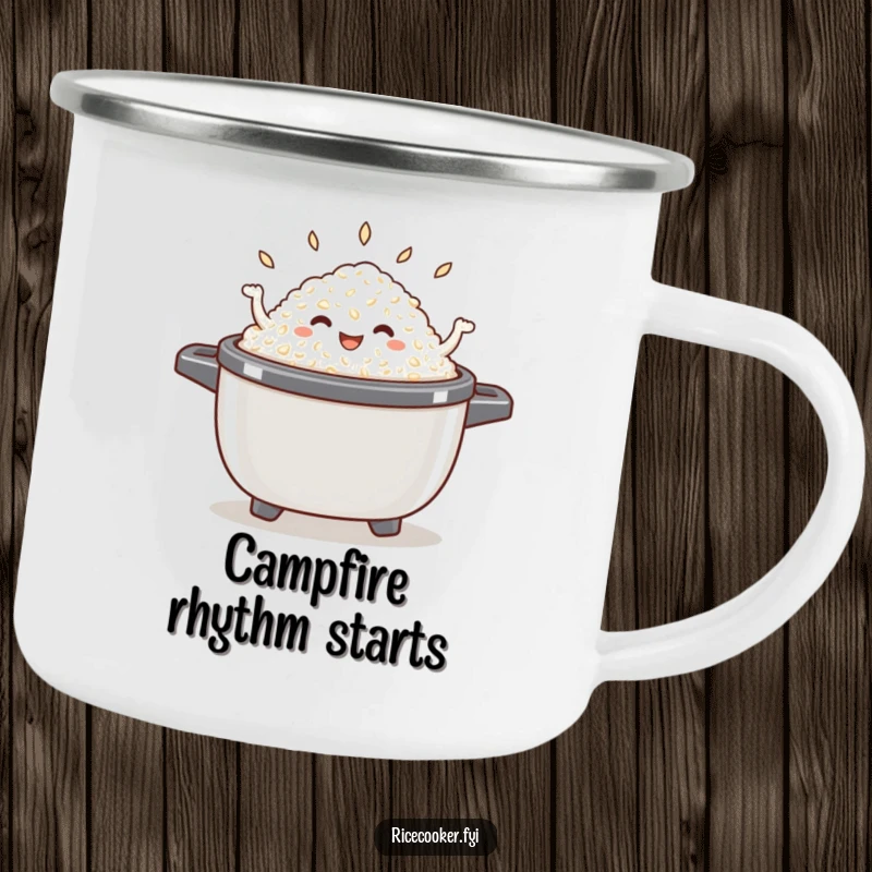 Funny dancing rice camping mug with a happy pile of cooked rice dancing inside an open rice cooker, designed for outdoor enjoyment.