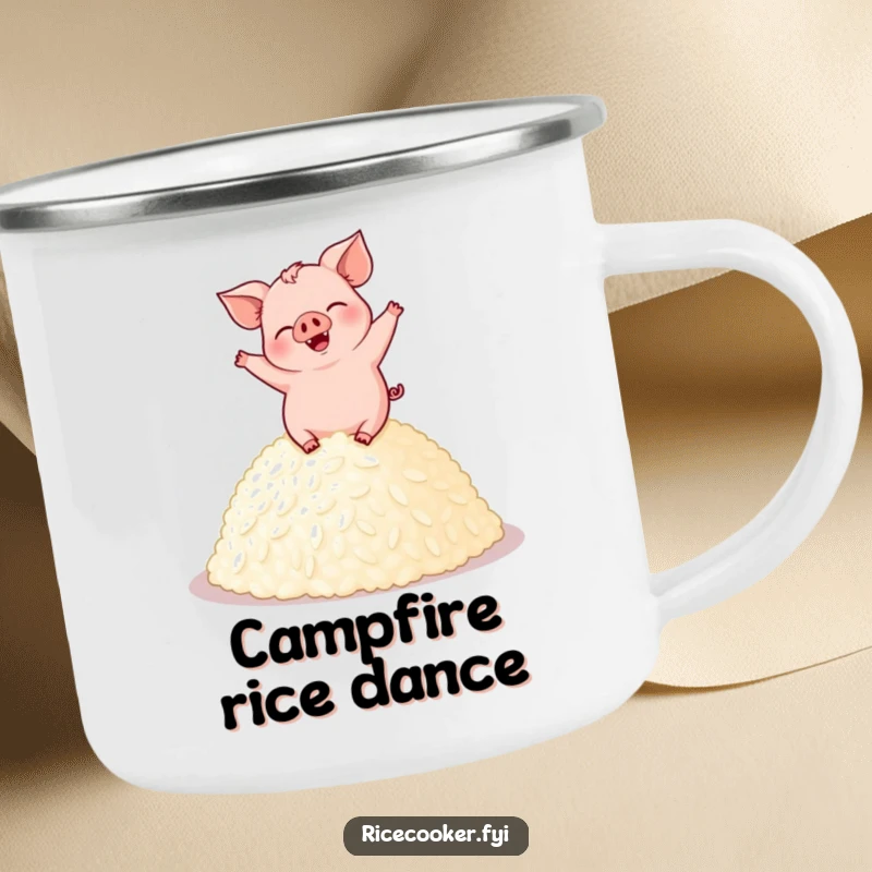 Funny pig camping mug featuring a giggling pig dancing on a mound of rice, perfect for enjoying drinks outdoors.