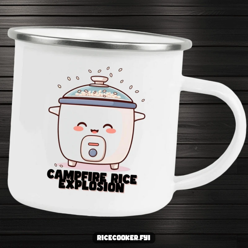 Funny camping mug depicts a joyous rice cooker spilling rice grains like confetti from its lid, ready for outdoor adventures and laughs.