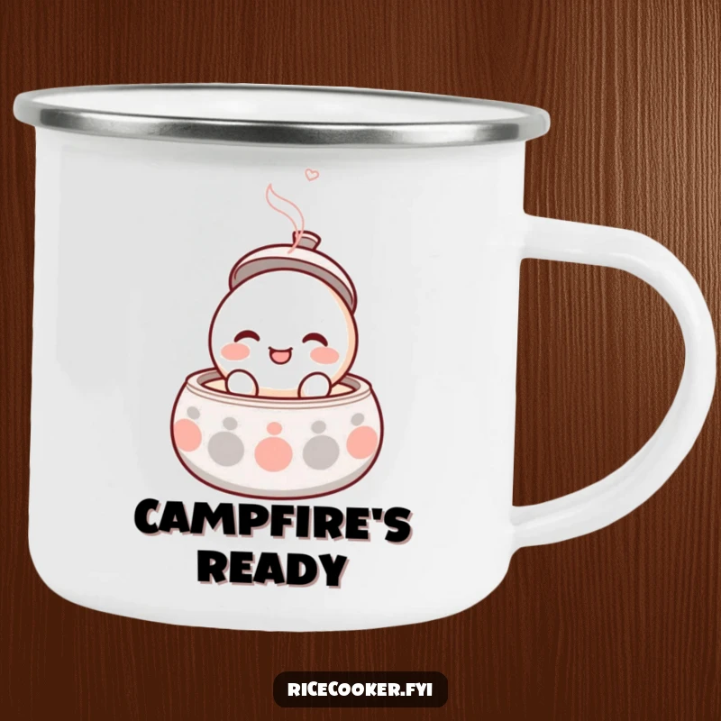 Funny camping mug with a round, smiling character popping its lid open with gentle steam, symbolizing warmth.