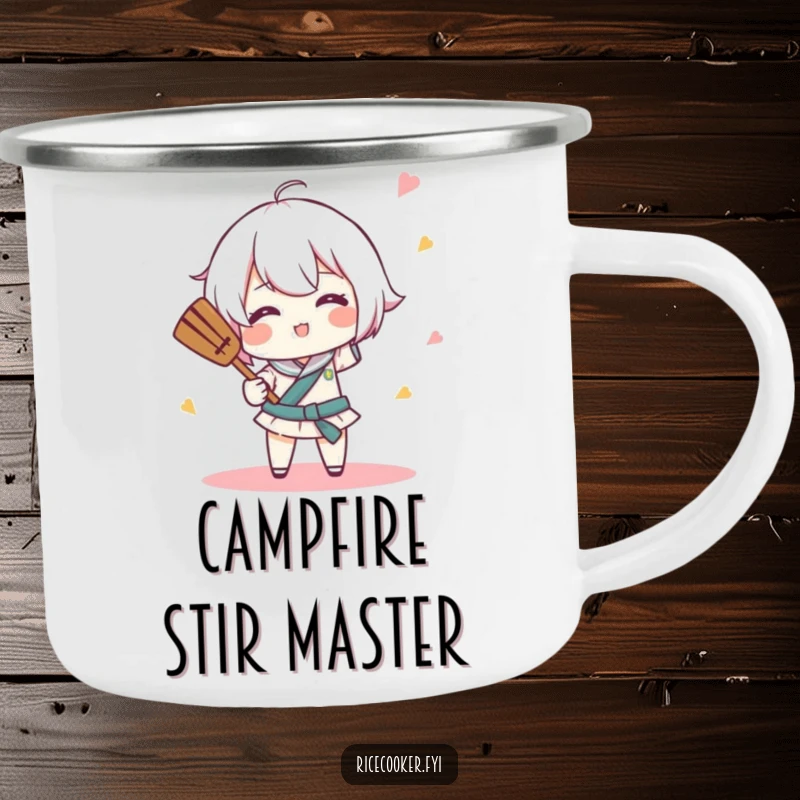 Funny camping mug with a character comically spinning a rice paddle like a tiny baton, ideal for outdoor beverages with a playful flair.