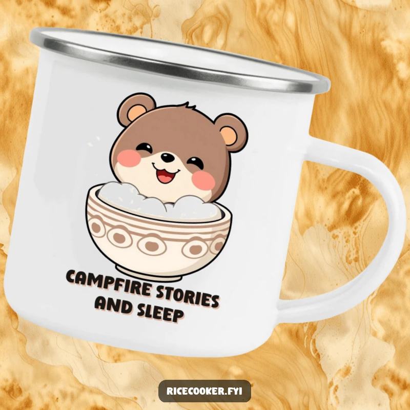Funny cheerful bear with a grin popping out of a steaming bowl, printed on a durable camping mug.