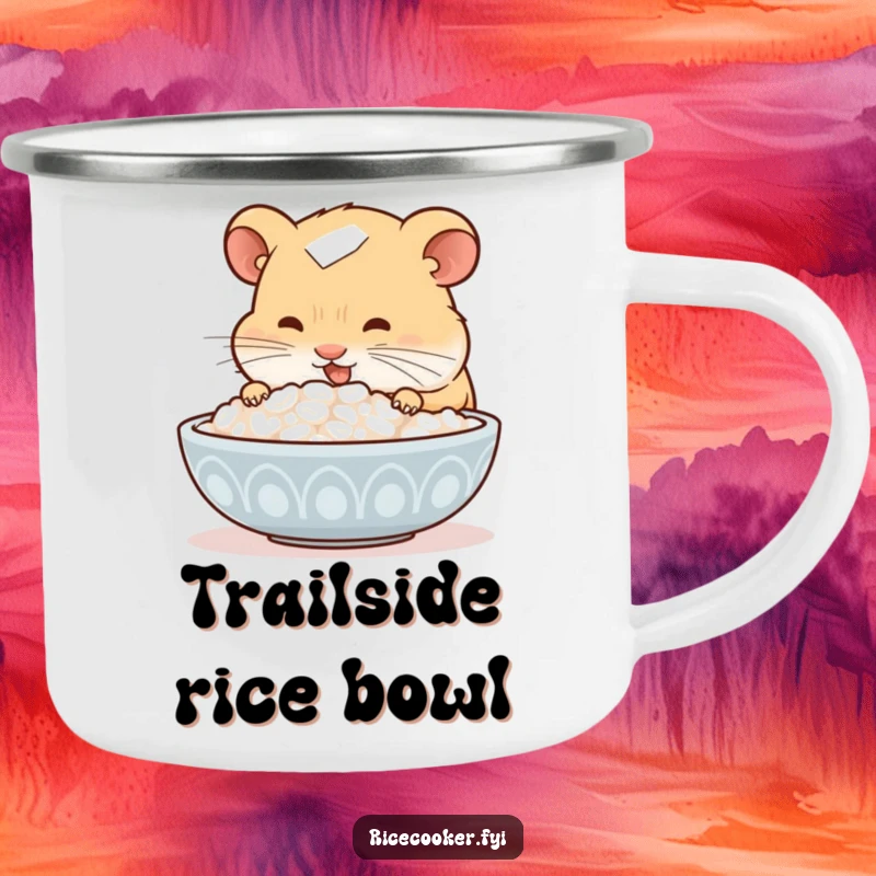 Funny hamster camping mug, sniffing a bowl of rice with delight, durable and portable, ideal for campers who appreciate delicious food.