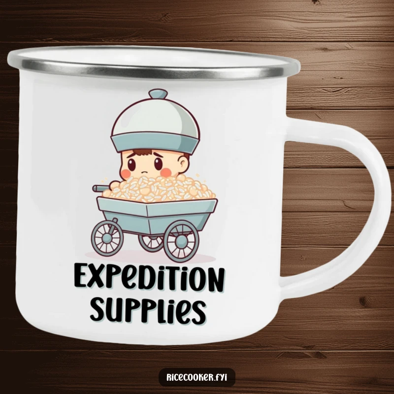 Funny camping mug depicts a determined rice cooker pushing a cart overflowing with rice, ready for motivated outdoor adventures.
