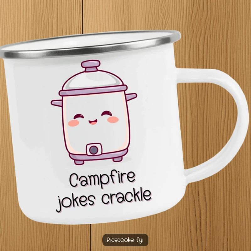 Funny smiling rice cooker character with lid tilted in amusement, on a durable camping mug for outdoor laughs.