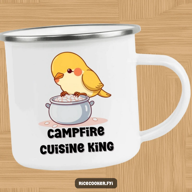 Funny determined bird tending a bubbling rice pot on a durable camping mug, ideal for outdoor cooking.