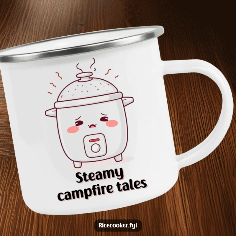 Funny camping mug depicts a shy rice cooker blushing with steam rising like embarrassed sighs, ready for outdoor adventures.