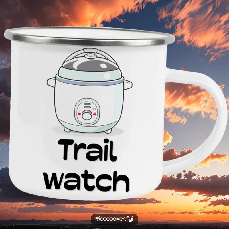 Funny camping mug displaying a bouncy rice cooker with its button blinking like an eye. Durable and humorous, a fantastic funny gift.