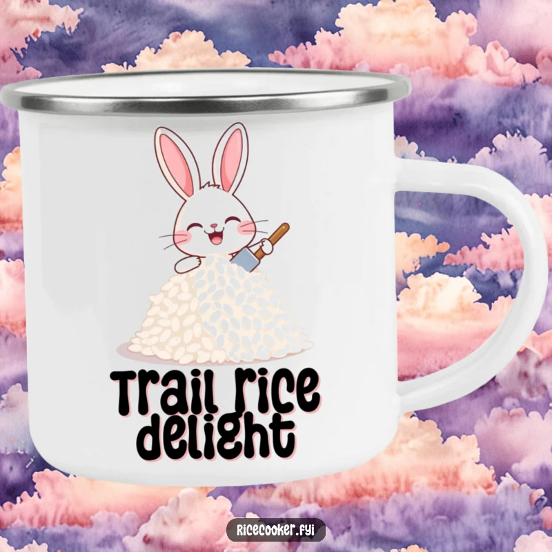 Funny joyful bunny patting a mound of rice with a tiny spatula, looking proud and happy, a durable funny mug.