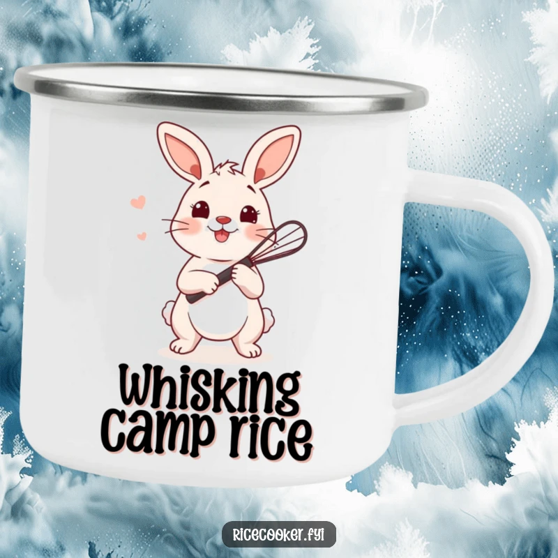 Funny bunny camping mug featuring a playful bunny holding a tiny whisk, ready to stir rice, perfect for outdoor drinks.
