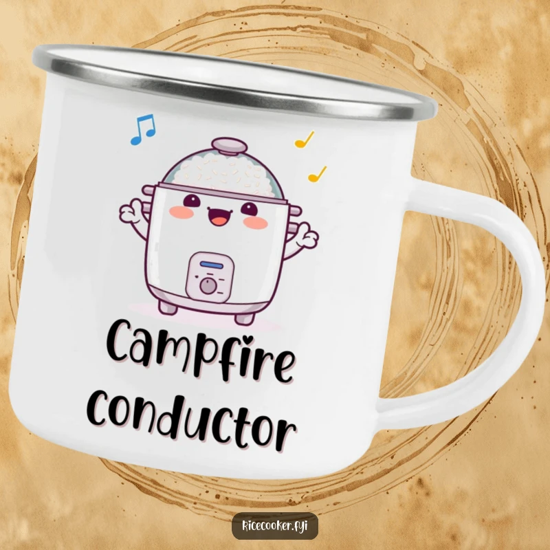 Funny camping mug depicts a happy rice cooker conducting an orchestra with its arms, ready for outdoor adventures and harmonious meals.