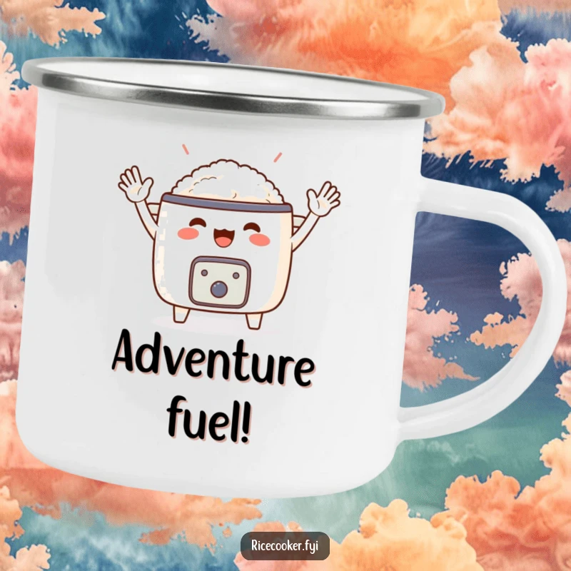 Funny camping mug displaying a happy rice cooker with tiny arms waving enthusiastically. Durable and humorous, a fantastic funny gift.