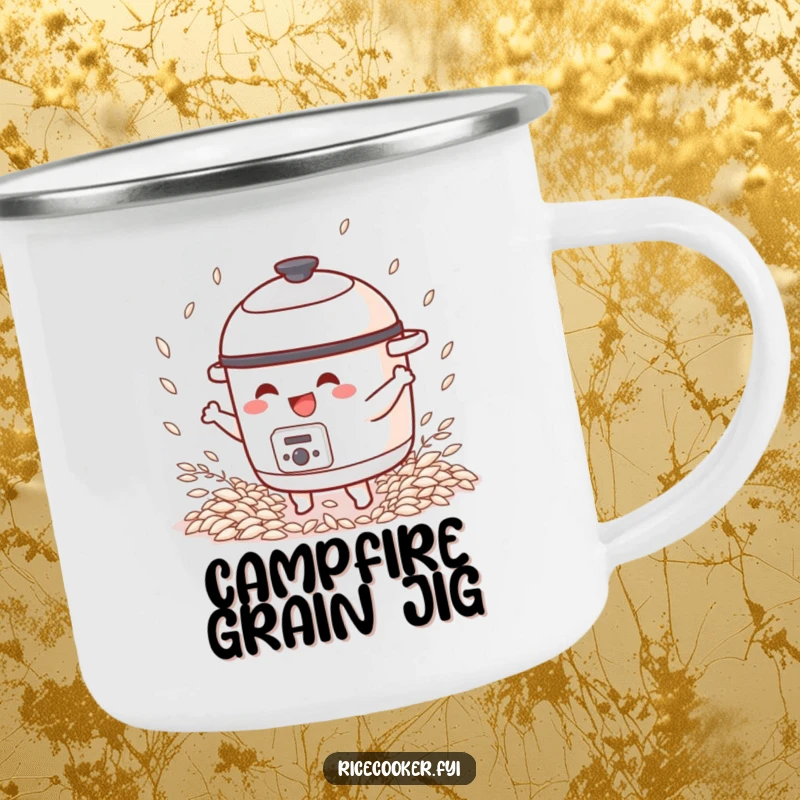 Funny camping mug of a happy rice cooker character dancing outdoors, surrounded by stylized rice grains.