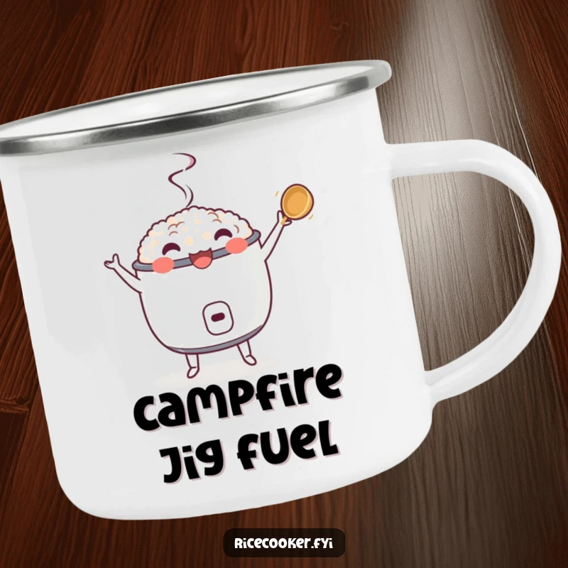 Funny camping mug with a dancing rice cooker and its ladle twirling, ideal for outdoor use and humorous enjoyment.